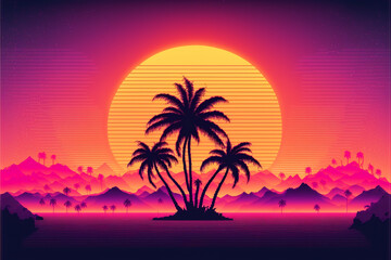 Synthwave sunset, landscape with palm trees, retro wave, generative ai.