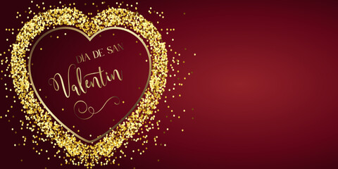 Obraz na płótnie Canvas tarjeta o pancarta en un feliz día de san valentín en oro en un corazón de color dorado sobre un fondo burdeos degradado con brillo de color dorado