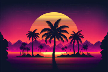 Fototapeta na wymiar Synthwave sunset, landscape with palm trees, retro wave, generative ai.