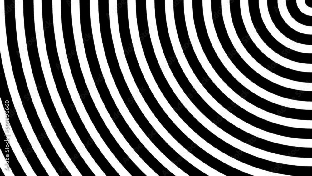 Poster pulsing striped circles coming from right top minimal black and white background loop. hypnotic conc