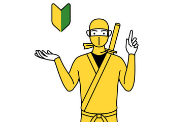 若葉マークを示す忍者のコスプレをした男性