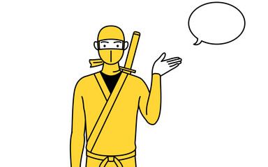 ふきだしつき、案内をする忍者のコスプレをした男性