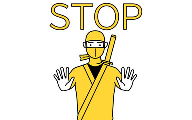 ストップの合図、体の前に手を突き出す忍者のコスプレをした男性