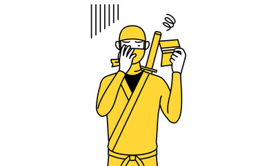 預金通帳を見て落ち込む忍者のコスプレをした男性