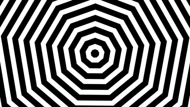 Pulsing striped center nonagon minimal black and white background loop. Hypnotic nonagonal concentrate seamless backdrop. Attracting attention bright creative design.