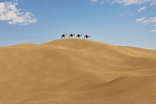 Desert dunes with camels landscape background. 3d render