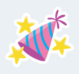 Cute striped festive hat with stars for celebrates birthday. Vector illustration in cartoon sticker design