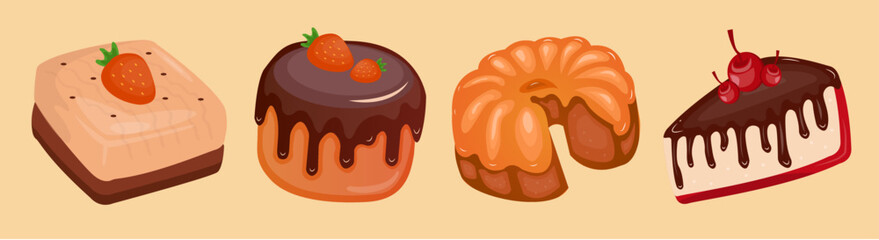 Set of Mixed Cakes and Dessert with Strawberry and Cherry Topping