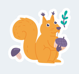Cute squirrel holding acorn, forest animal at camping journey. Vector illustration in cartoon sticker design