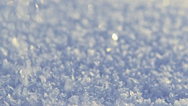 Snow surface. Fresh snow cover. Snowflakes and sparkles on sunny snow texture. Winter background. Small depth of field. Snowy surface with shiny ice crystals. Frozen macro details. Sunny weather day.
