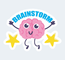 Happy brain with cute face brainstorm of creative ideas. Vector illustration in cartoon sticker design