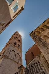 Fototapeta na wymiar Down up view of buildings in old town of Zadar, Croatia. Architecture background