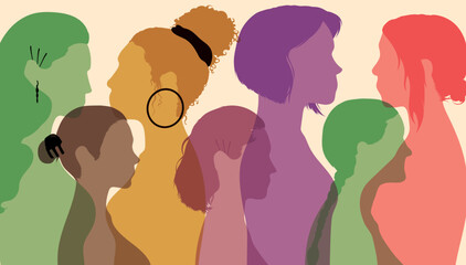 A group of women from different ethnicities stands together. International Womens Day. Flat Banner. Vector illustration.