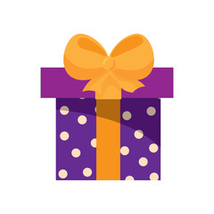 A pretty lilac gift box with white dots and orange ribbon, a present icon, a gift symbol