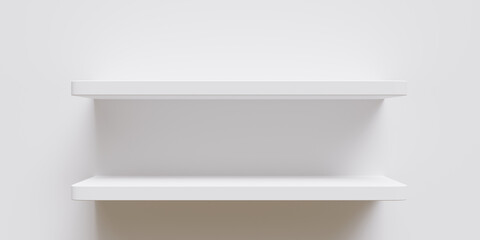 Shelf white color empty isolated cutout on white wall background. Exhibition equipment. 3d render
