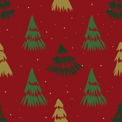 A seamless red pattern with hand-drawn green pine trees, a vivid Christmas tree background