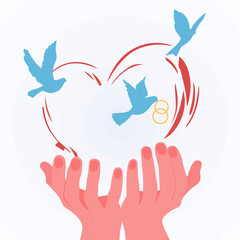 Love. Hands holding the heart, doves flying around with rings in their beaks