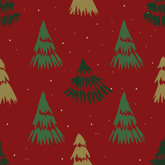 A seamless red pattern with hand-drawn green pine trees, a vivid Christmas tree background