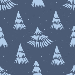 A seamless sketchy pattern with pine trees, a winter forest background in light blue