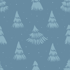 A seamless sketchy pattern with pine trees, a winter forest background in light blue
