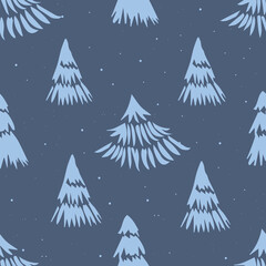 Obraz premium A seamless sketchy pattern with pine trees, a winter forest background in light blue