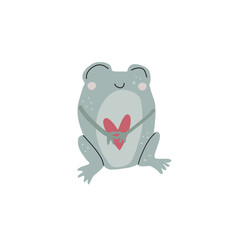 Cute frog with red heart hand drawn.Cute frog vector illustration.Valentine vector.