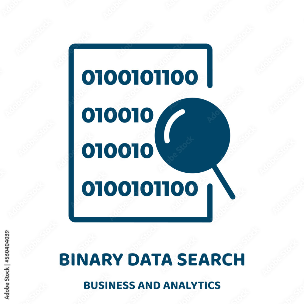Poster binary data search vector icon from business and analytics collection. magnifier filled flat symbol 