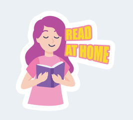 Happy woman reading book and doing hobby. Stay at home. Vector illustration in cartoon sticker design