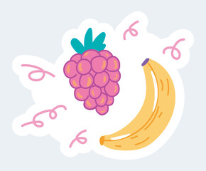 Fresh banana and grapes, seasonal fruits. Summer vacation. Vector illustration in cartoon sticker design