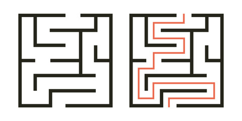 Abstract maze. Find right way. Isolated simple square maze black line on white background. Vector illustration.