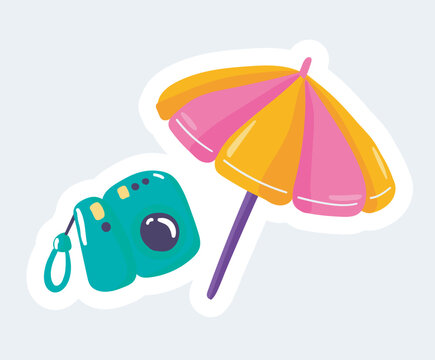 Cute photo camera and sun umbrella for beach. Summertime rest. Vector illustration in cartoon sticker design