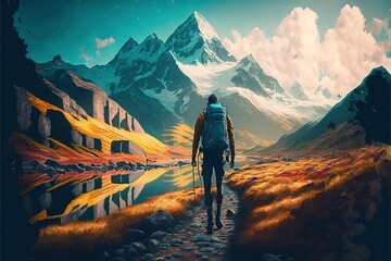 Hiker walking to mountains, ai generated