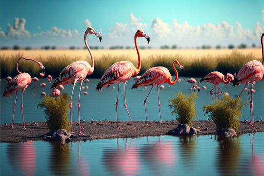Wild african birds. Group birds of pink african flamingos walking around the lagoon on a sunny day. Generative AI