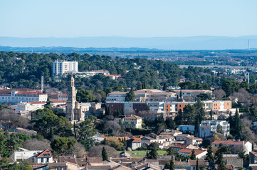 Fototapeta na wymiar Nimes, Occitanie, France - High angle panorama over the city center