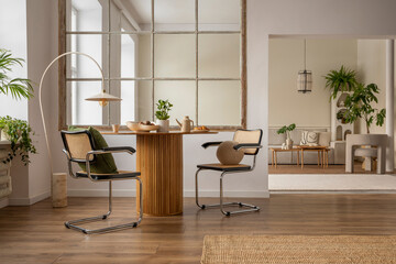 Warm and cozy dining room and living room interior with round coffee table, rattan chair,  pillow, wooden floor, window, beige sofa, stylish armchair and personal accessories. Home decor. Template.