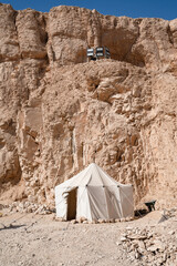 Tent from a some archaeological excavation in the desert nearby the mountain