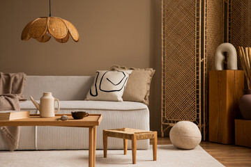 Warm and cozy living room interior with beige modular sofa, patterned pillow, brown plaid, wooden...