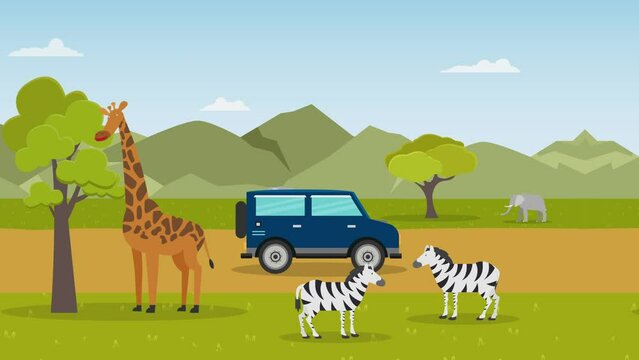 Seamless loopable car driving in a safari zoo 2d animation cartoon in 4k