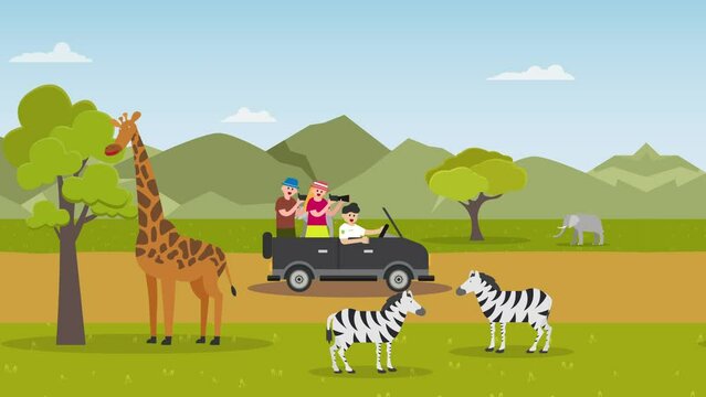 Seamless loopable SUV with tourists driving in a safari zoo 2d animation cartoon in 4k