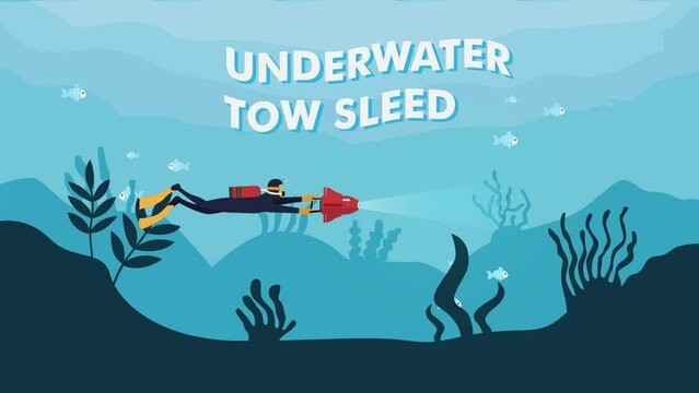 an diving with underwater scooter tow sled 2d animation cartoon in 4k
