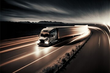 Obraz na płótnie Canvas highway, Truck on a motorway, motion blur, light trails. Evening or night shot of trucks, ai generated