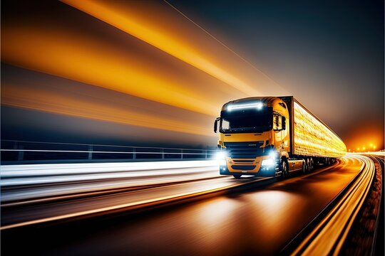  highway, Truck on a motorway, motion blur, light trails. Evening or night shot of trucks, ai generated