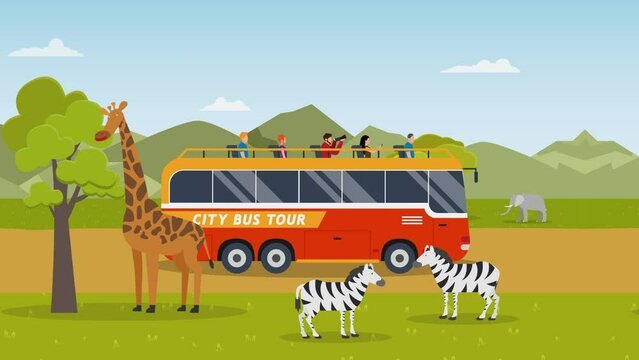 Seamless loopable bus driving in a safari zoo 2d animation cartoon in 4k