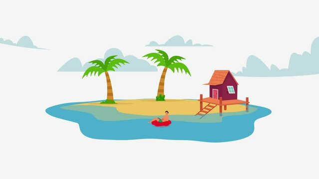 Man working on laptop at private island 2d animation cartoon in 4k