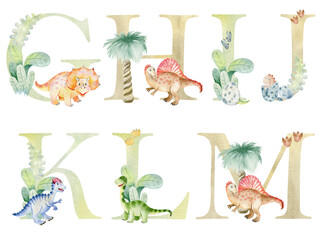 Watercolor dinosaurs letters for invitation card, nursery poster and other. Png with transparent background. © Tapilipa