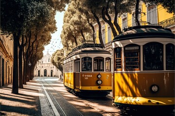 Traditional yellow trams on a street in Lisbon, Portugal - obrazy, fototapety, plakaty