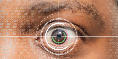 laser and glaucoma eye surgery concept, close up of eye with reticle  or target overlay; also...