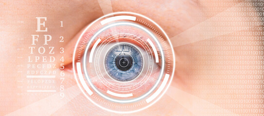 laser and glaucoma eye surgery concept, close up of eye with reticle  or target overlay; also...