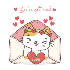 cute kawaii Valentine cat in love letter cartoon, I love you, Romantic pet animal character hand drawing illustration vector. perfect for greeting cards, gifts, and more
