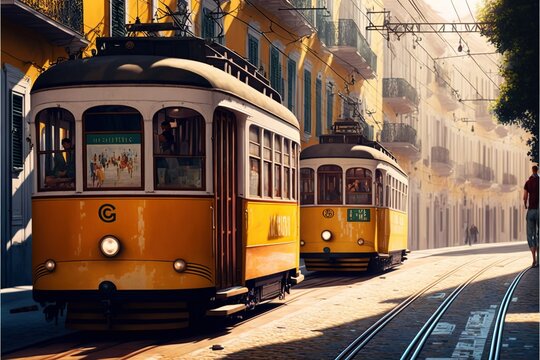 Traditional yellow trams on a street in Lisbon, Portugal © dasom